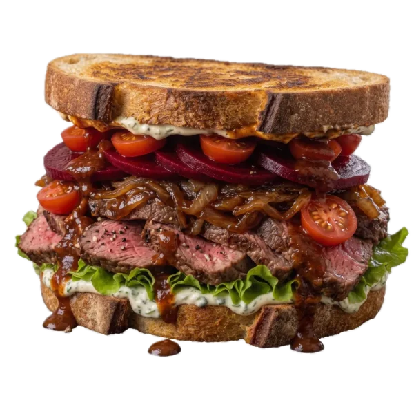 Steak, lettuce, tomato, caramelised onion, beetroot, BBQ sauce