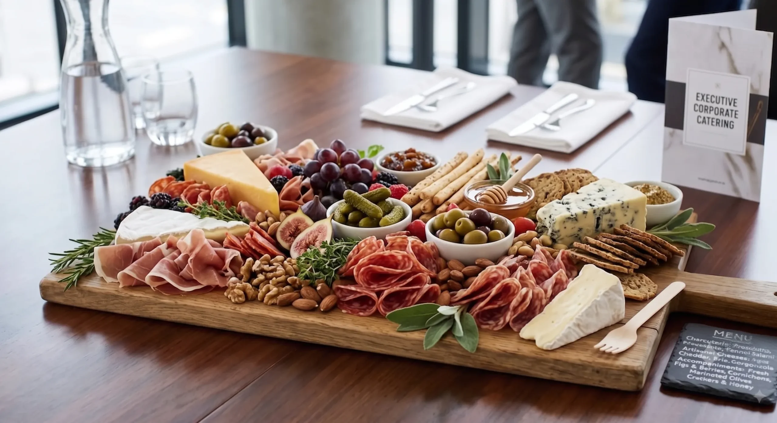 A luxury corporate catering charcuterie board featuring artisan cheeses, cured meats, fresh fruit, honey, and crackers on a wooden serving platter.