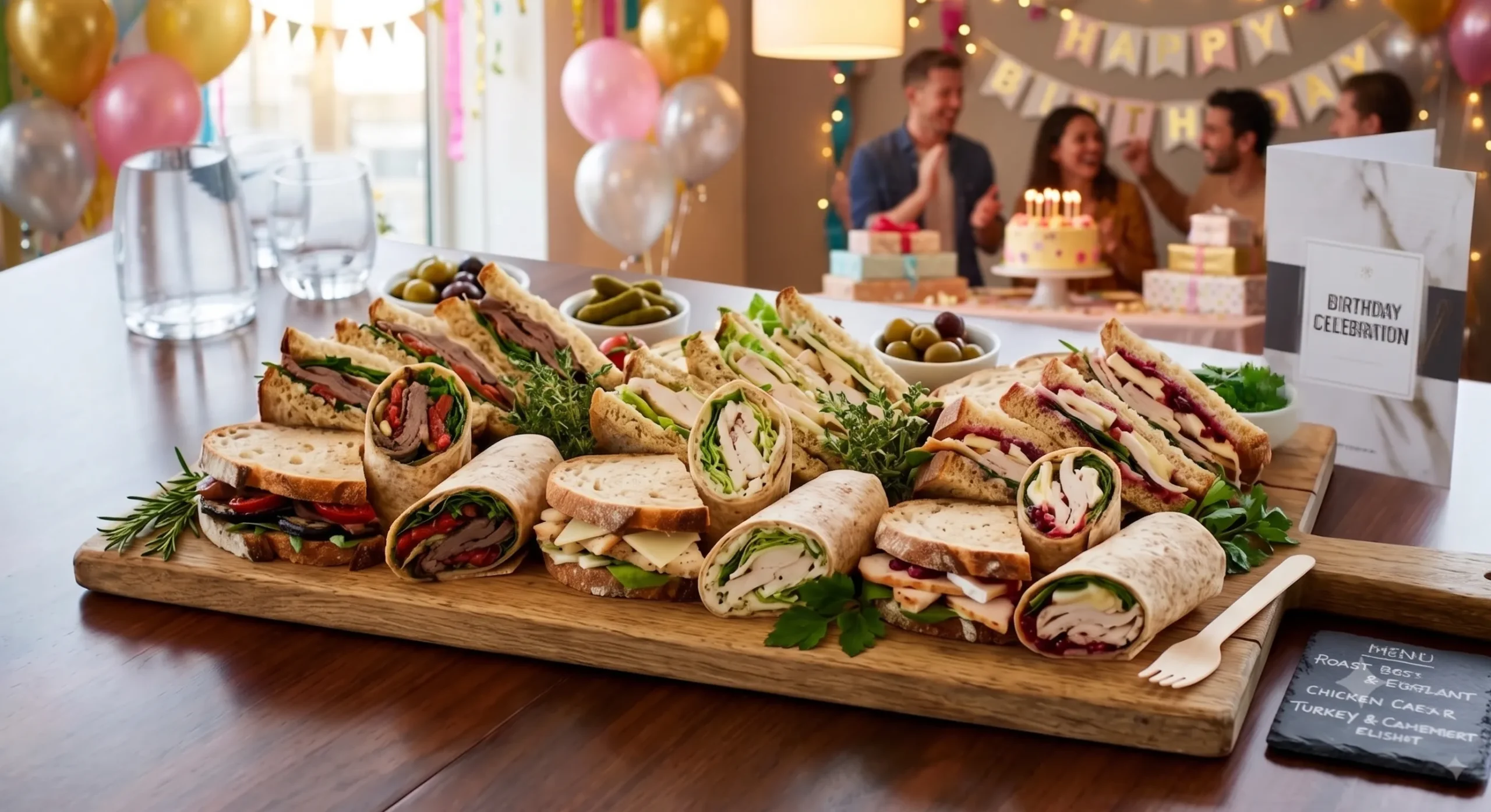 A wooden catering platter loaded with an assortment of artisan sandwiches, wraps, and garnishes, with a birthday celebration in the blurred background.